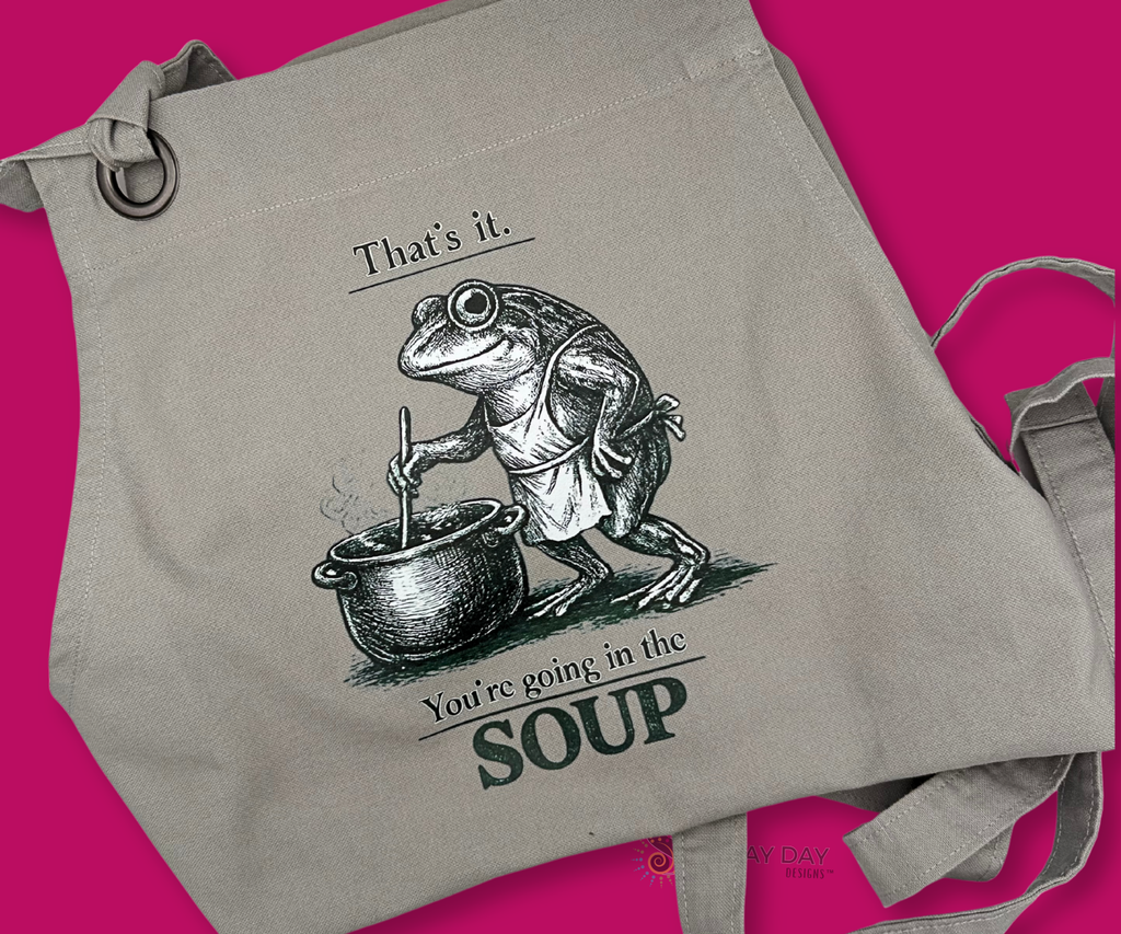 THAT'S IT, YOU'RE GOING IN THE SOUP FUNNY COOKING FROG BIB APRON WITH POCKETS - GRAY