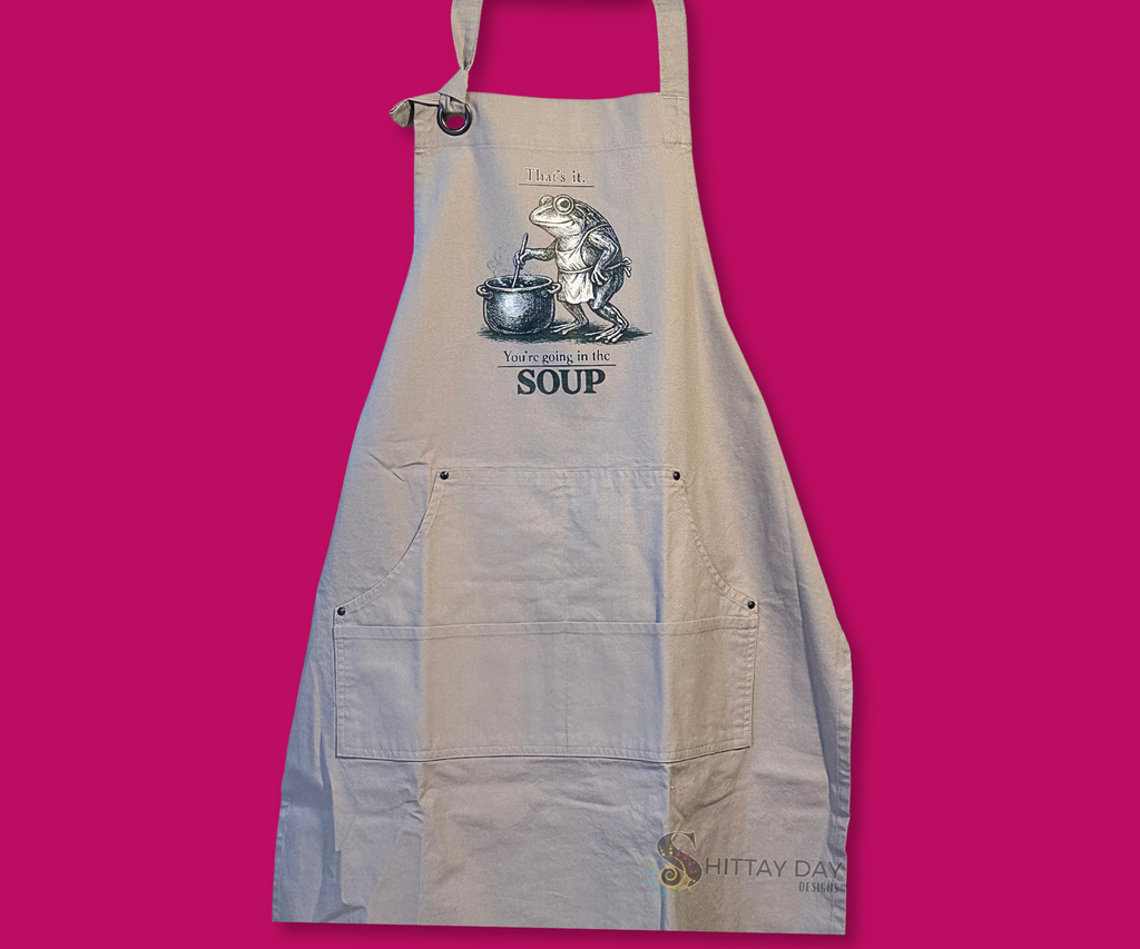THAT'S IT, YOU'RE GOING IN THE SOUP FUNNY COOKING FROG BIB APRON WITH POCKETS - GRAY