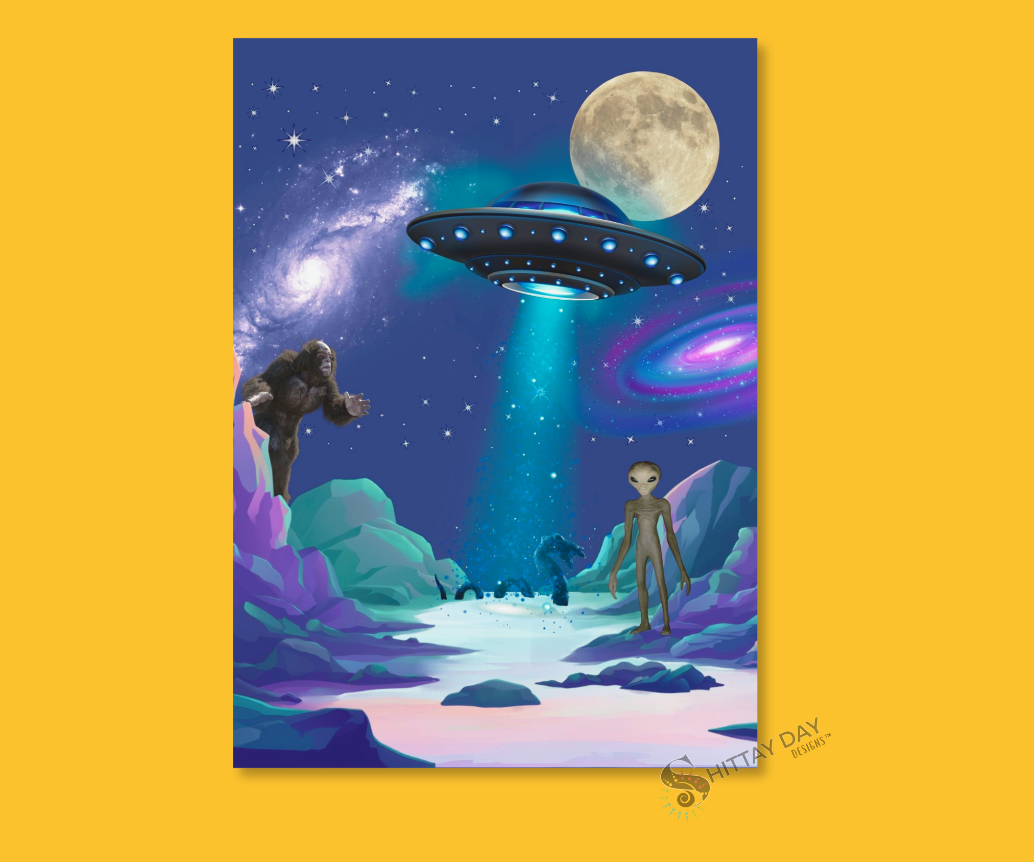 THERE IS SOMETHING OUT THERE | Cardcor™ Greetings — aluminum keepsake card with bold UFO and alien design, merchandised on a colorful background. Card+Decor by Shittay Day Designs.