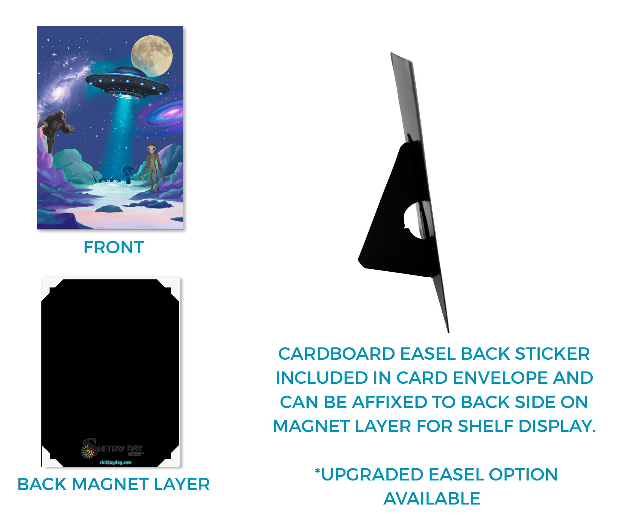 THERE IS SOMETHING OUT THERE | Cardcor™ Greetings — front, magnetic back panel, and included cardboard easel stand of the aluminum keepsake card. Card+Decor by Shittay Day Designs.