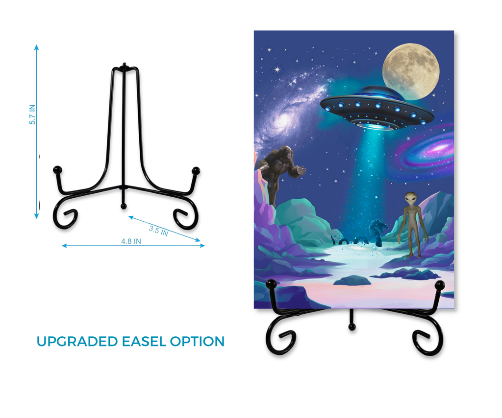 THERE IS SOMETHING OUT THERE | Cardcor™ Greetings — aluminum keepsake UFO card displayed on upgraded black metal easel stand. Card+Decor by Shittay Day Designs.