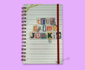 a wire bound notebook with gray stripes and a height grid, do not cross yellow police tape and the words "true crime junkie" in a ransom note style font. Featured on a light purple background.