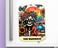 Colorful Bone-afide Personality Magnet with a skeleton, flowers, microbus, and rainbow sunset design on a white background with the text "The Wanderer"