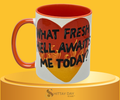 What Fresh Hell Awaits Me Today 11 oz orange-and-white two-tone ceramic mug with a vibrant flaming heart design.
