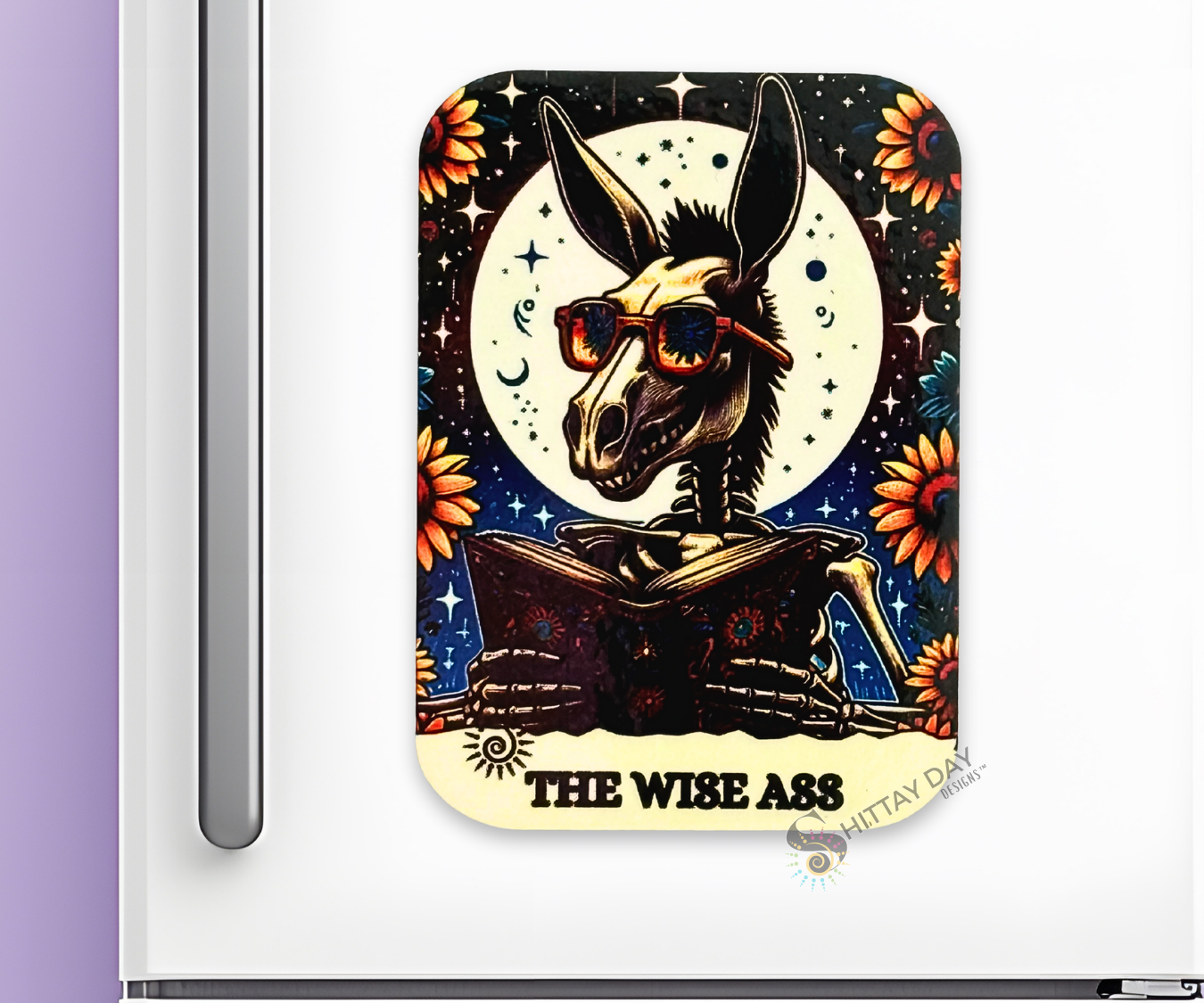 A Bone-afide Personality Magnet with  a skeleton donkey illustration, sunglasses, and 'The Wise Ass' text on a colorful background.