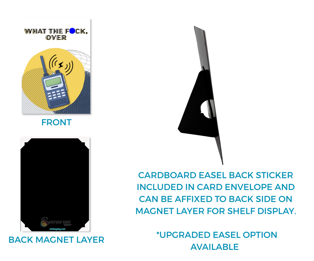 Cardsign image displaying the magnetic back side of the aluminum card and the cardboard easel, both included with purchase.