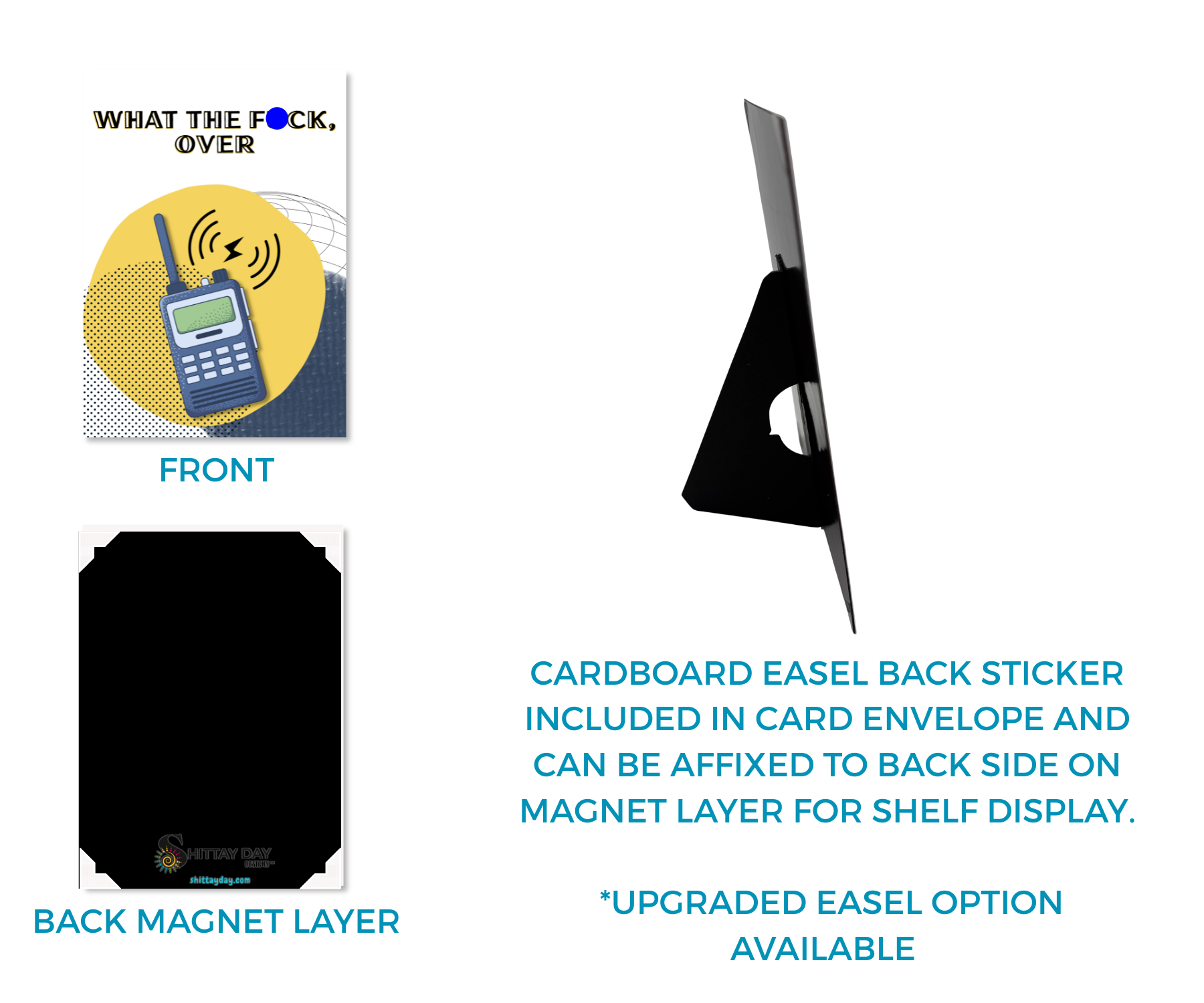 Cardsign image displaying the magnetic back side of the aluminum card and the cardboard easel, both included with purchase.