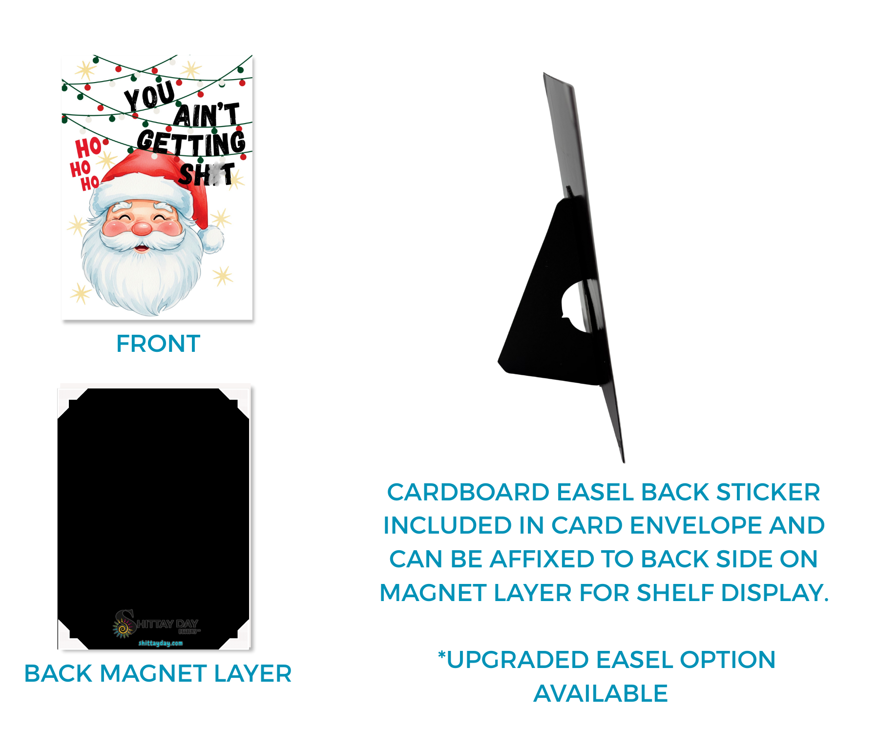 SANTA - YOU AIN'T GETTING SH*T | Cardcor™ Greetings — front and back of aluminum keepsake card showing magnetic back layer and custom message insert. Card+Decor by Shittay Day Designs.