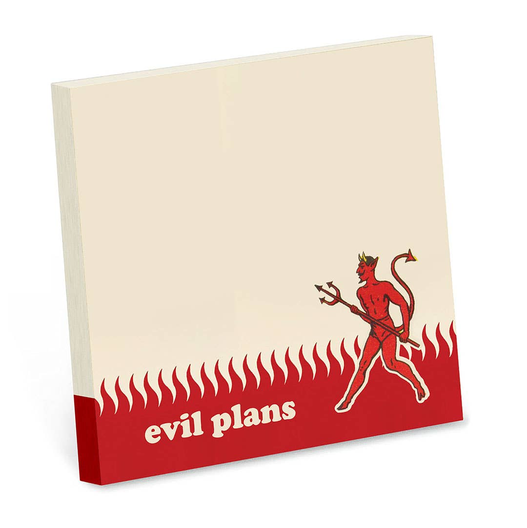 Sticky note pad with a devil illustration and 'evil plans' text on a red and beige cover.