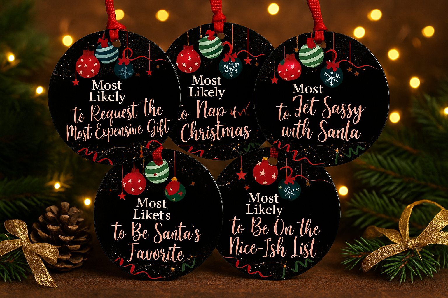 Christmas ornament collection showcase featuring multiple Shittay Day Designs ornaments